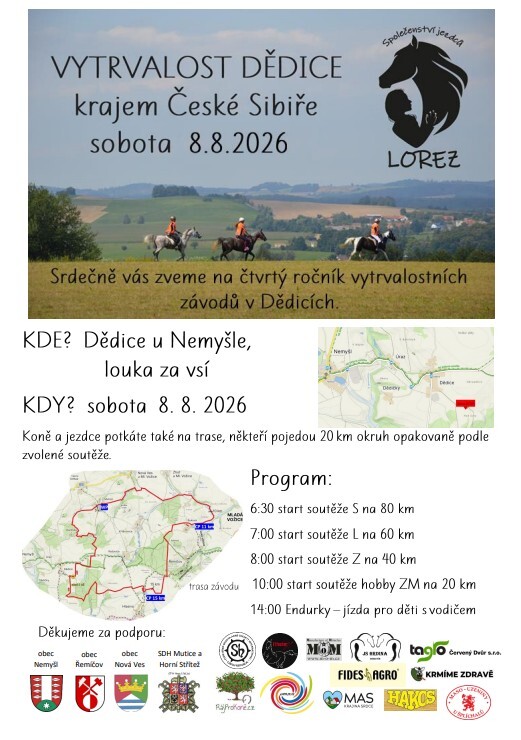 Srdečně vás zveme na vytrvalostní závody koní v Dědicích